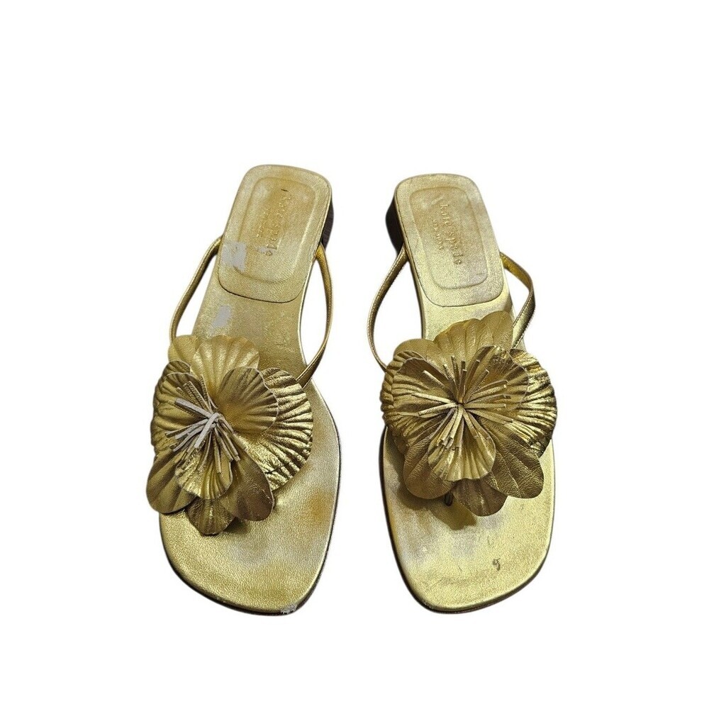 Y2k Vintage kate spade Leather Metallic Gold Floral Strap Square Toe Sandals